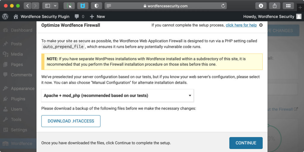 wordpress exploit wordfence dashboards htaccess backup popup