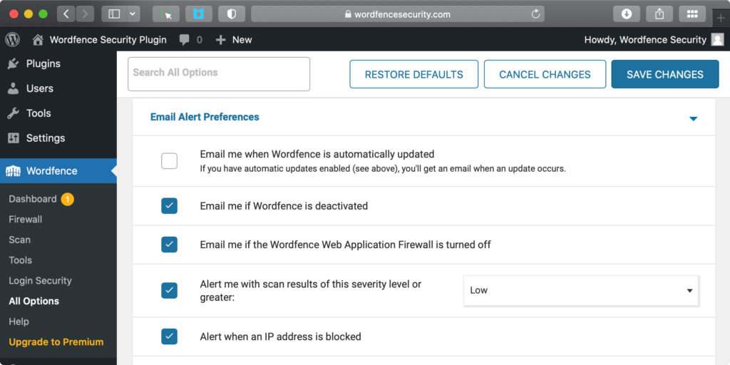 wordpress exploit wordfence email alert preferences