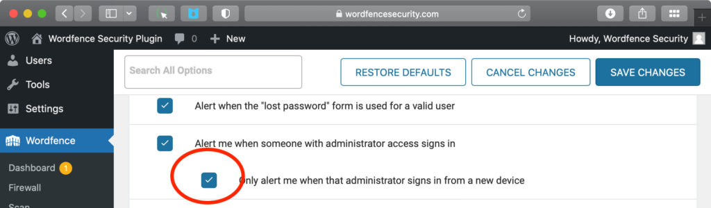 wordpress exploit wordfence email alert preferences admin access