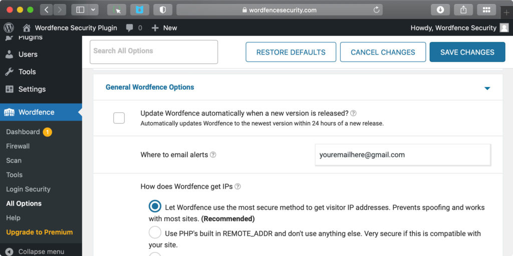 wordpress exploit wordfence email settings